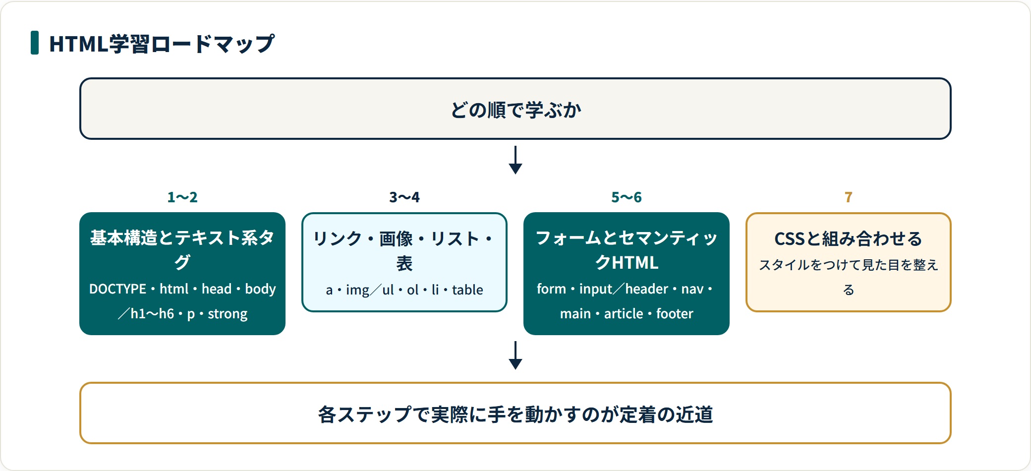 HTML学習を基本構造からCSS連携まで7段階で示した図。