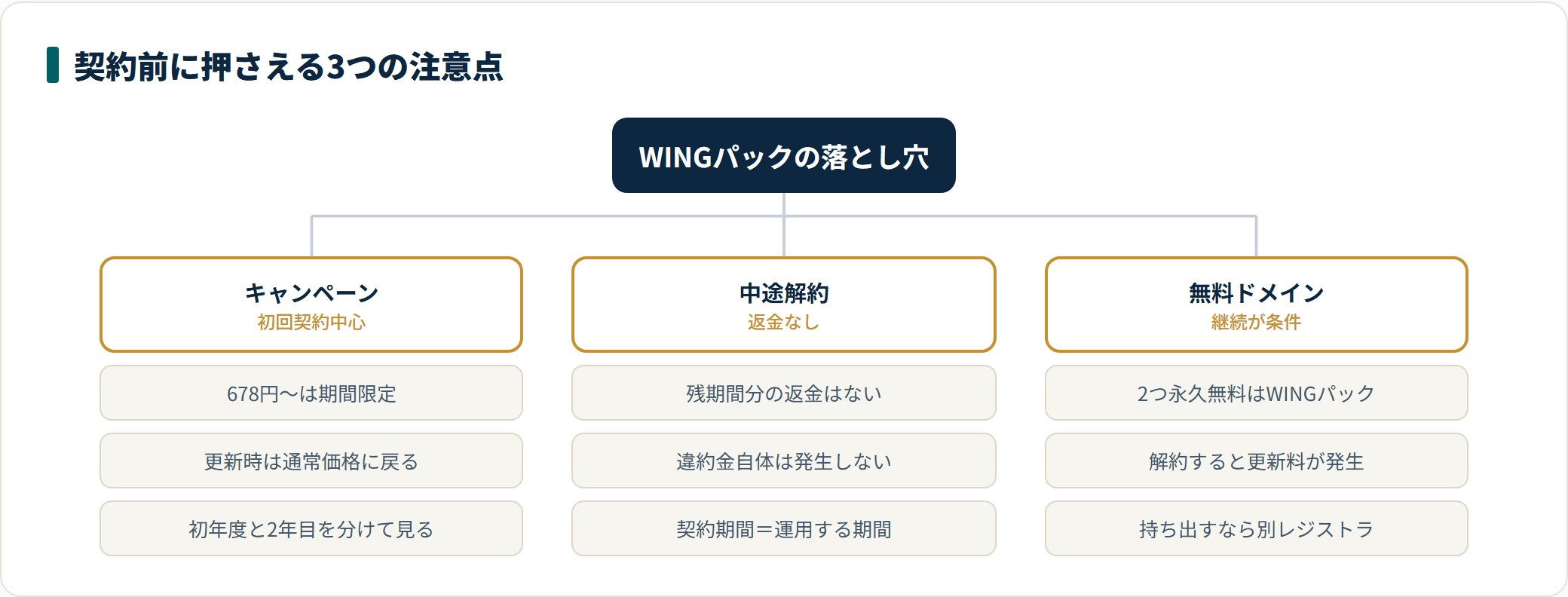 ConoHa WING契約前に押さえる3つの注意点（キャンペーン価格・中途解約時の返金・独自ドメイン永久無料の条件）を分類した図。